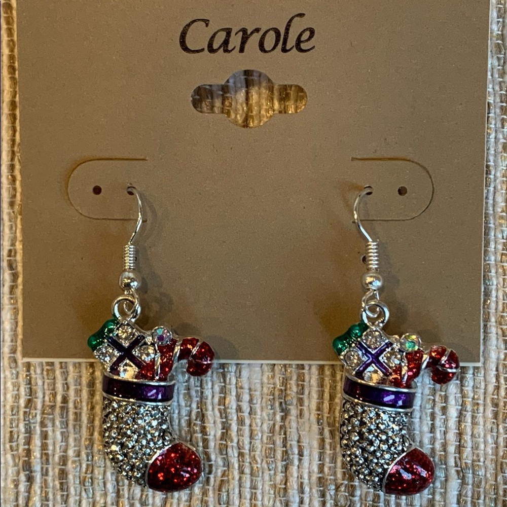 NWT Carole Rhinestone & Glittery Red Christmas Stockings Hook Dangle Earrings